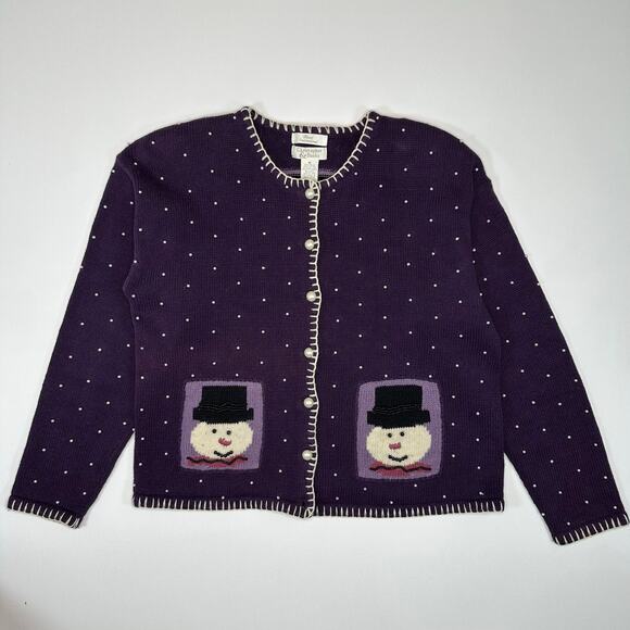 Vintage 1990’s Ugly Winter Cardigan Sweater with Snowmen and Pearls - Picture 1 of 11